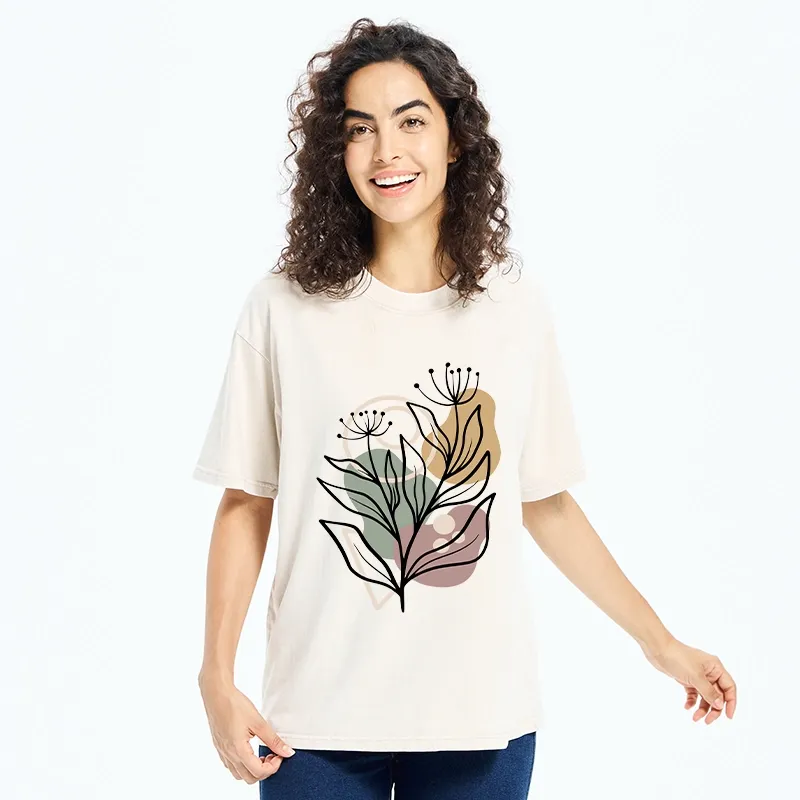 Tokyo-Tiger Soft Boho Floral Line Art Washed T-Shirt