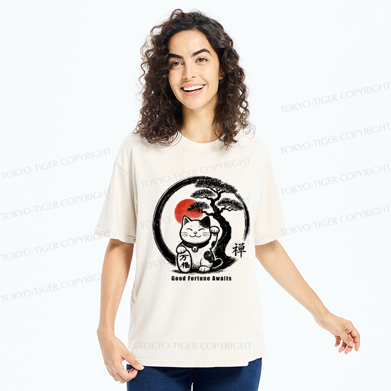 Tokyo-Tiger Lucky Maneki-Neko Zen Washed T-Shirt