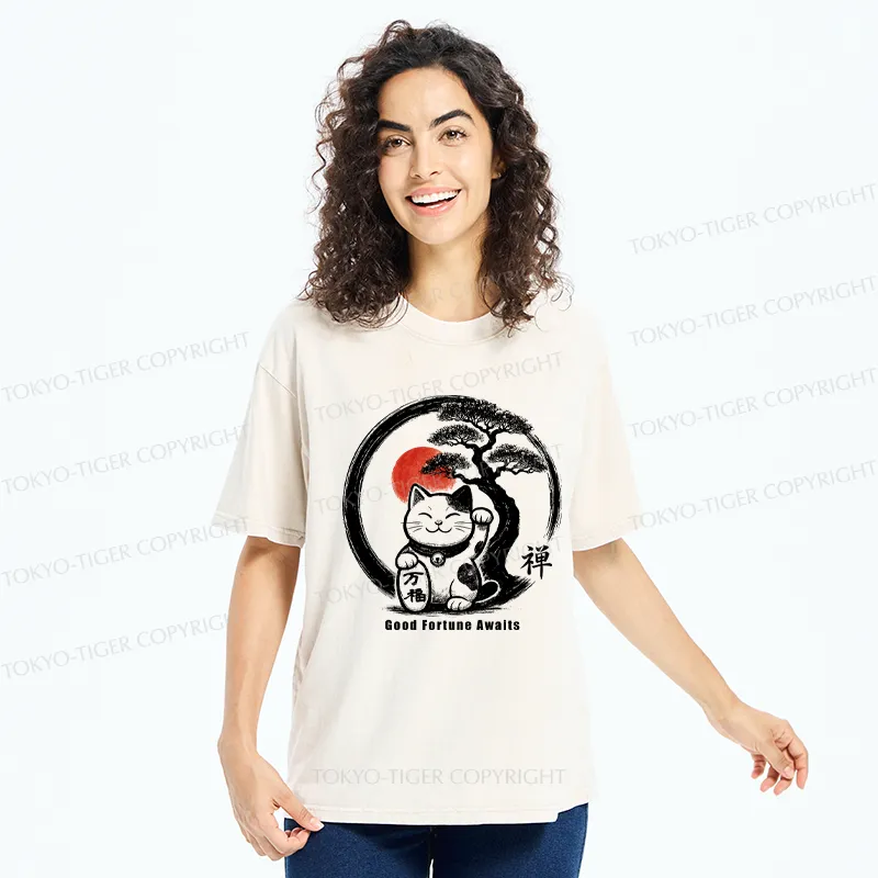 Tokyo-Tiger Lucky Maneki-Neko Zen Washed T-Shirt