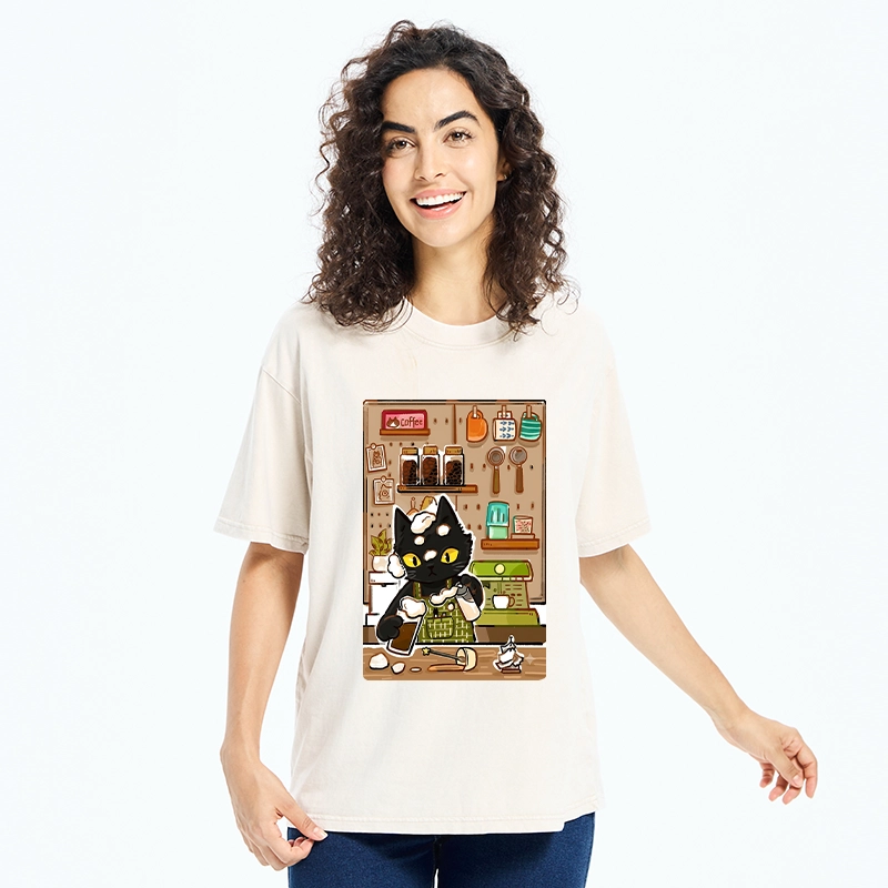 Tokyo-Tiger Black Cat Barista Makes Coffee Foam Washed T-Shirt