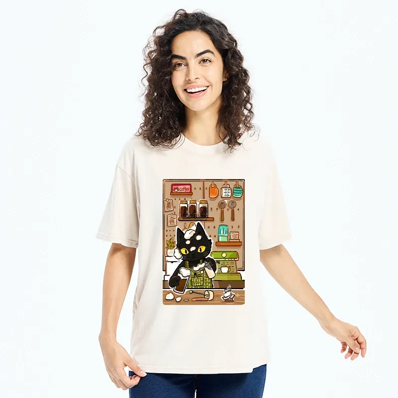 Tokyo-Tiger Black Cat Barista Makes Coffee Foam Washed T-Shirt