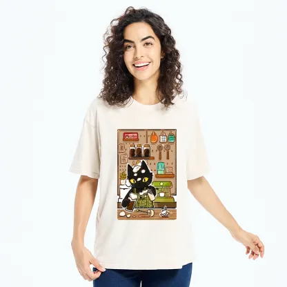 Tokyo-Tiger Black Cat Barista Makes Coffee Foam Washed T-Shirt