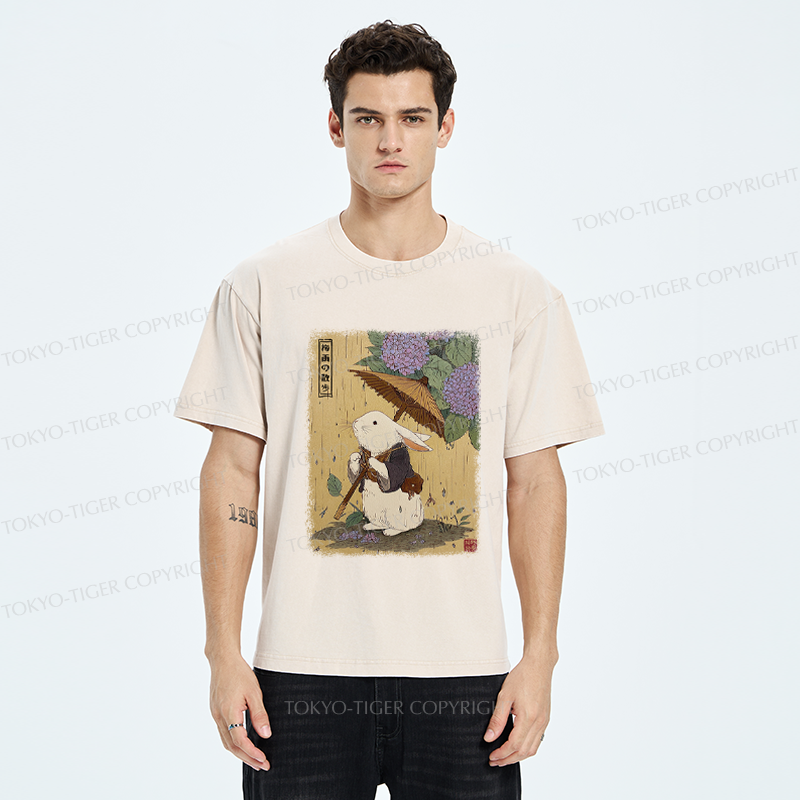 Tokyo-Tiger Ukiyoe Rainy Stroll Bunny Washed T-Shirt