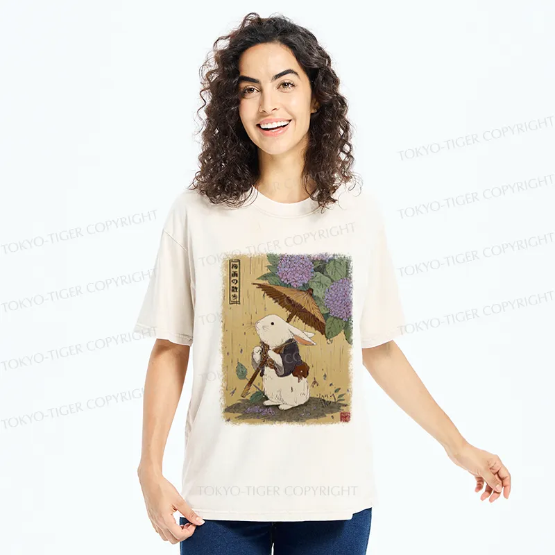 Tokyo-Tiger Ukiyoe Rainy Stroll Bunny Washed T-Shirt