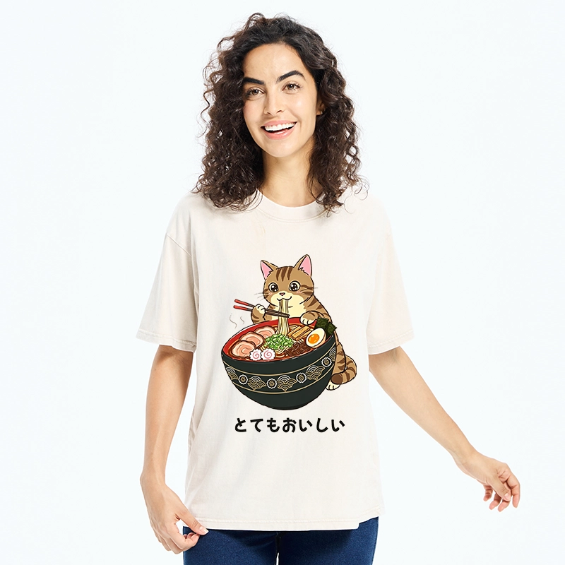 Tokyo-Tiger Cat Eat Delicious Hot Ramen Washed T-Shirt