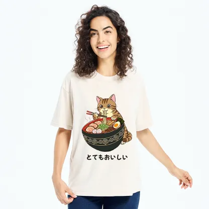 Tokyo-Tiger Cat Eat Delicious Hot Ramen Washed T-Shirt
