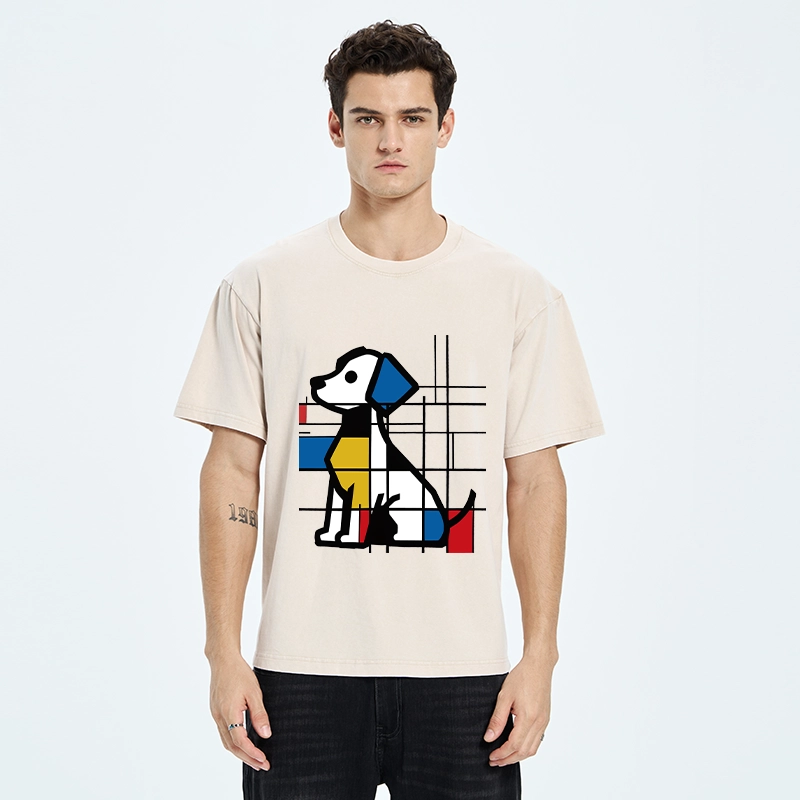 Tokyo-Tiger Mondrian Geometric Dog Art Washed T-Shirt
