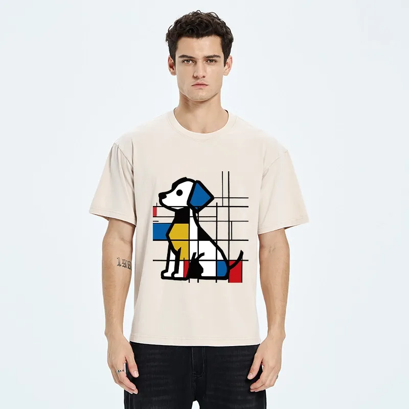 Tokyo-Tiger Mondrian Geometric Dog Art Washed T-Shirt