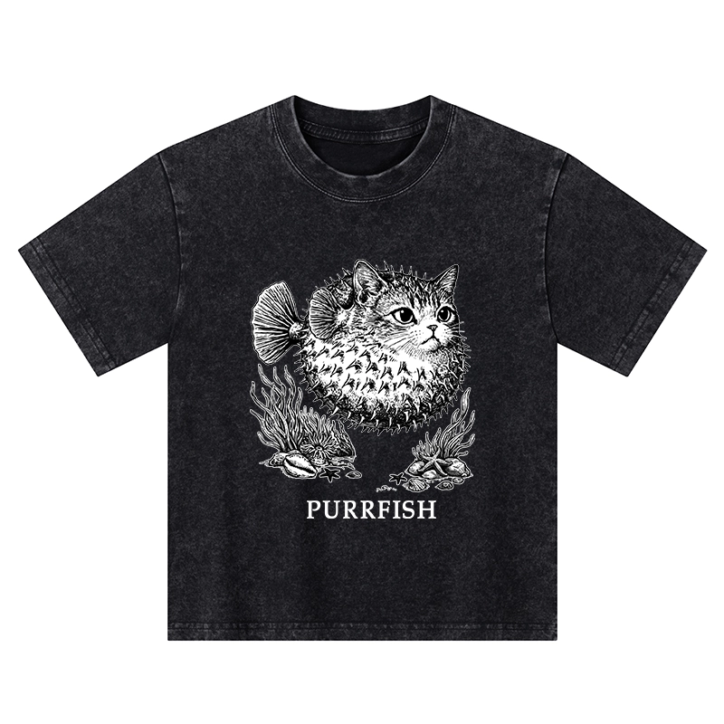 Tokyo-Tiger Spiky Puffer With Cute Cat Head Kids Washed T-Shirt