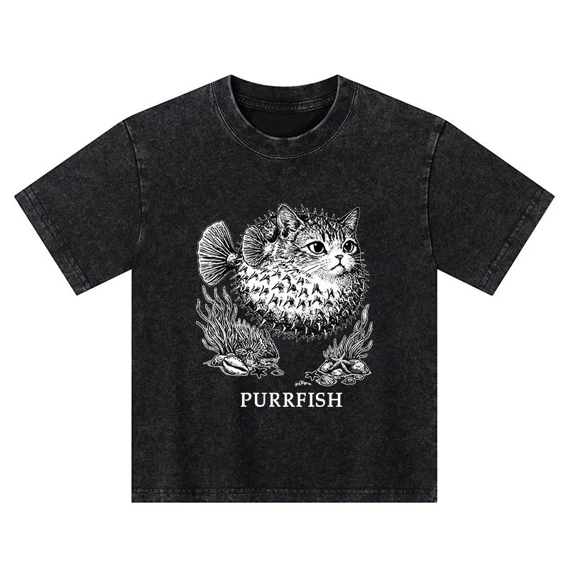 Tokyo-Tiger Spiky Puffer With Cute Cat Head Kids Washed T-Shirt