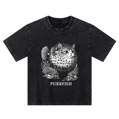 Tokyo-Tiger Spiky Puffer With Cute Cat Head Kids Washed T-Shirt