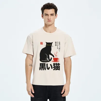 Tokyo-Tiger Black Cat Sips Daily Coffee Japanese Print Washed T-Shirt