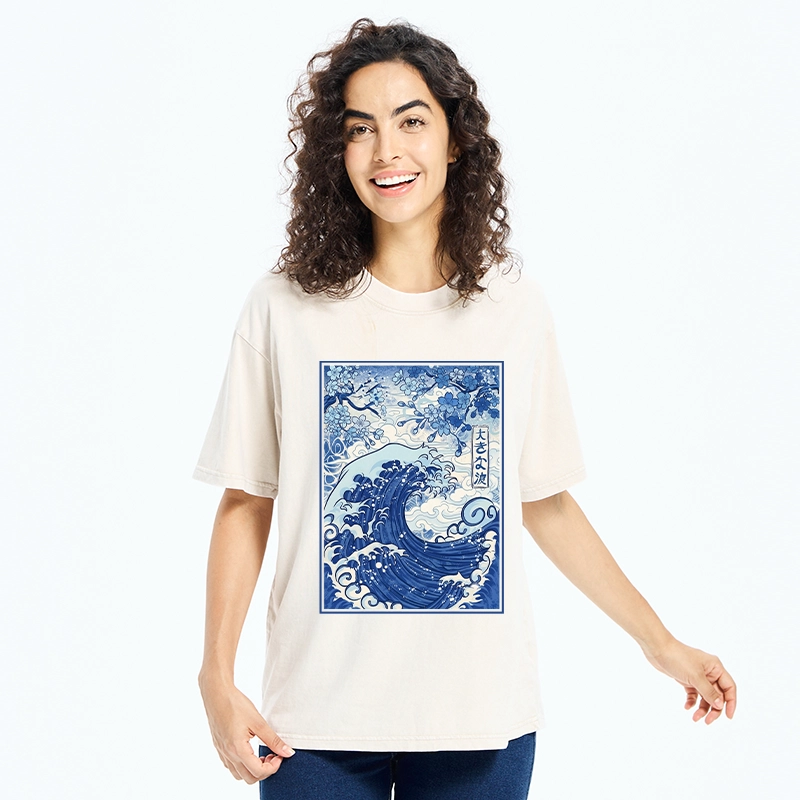 Tokyo-Tiger Vintage Japanese Wave Sakura Print Washed T-Shirt