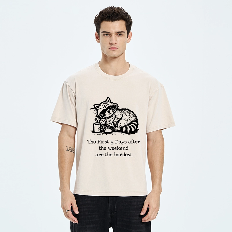 Tokyo-Tiger Funny Meme Monday Blues Coffee Raccoon Washed T-Shirt