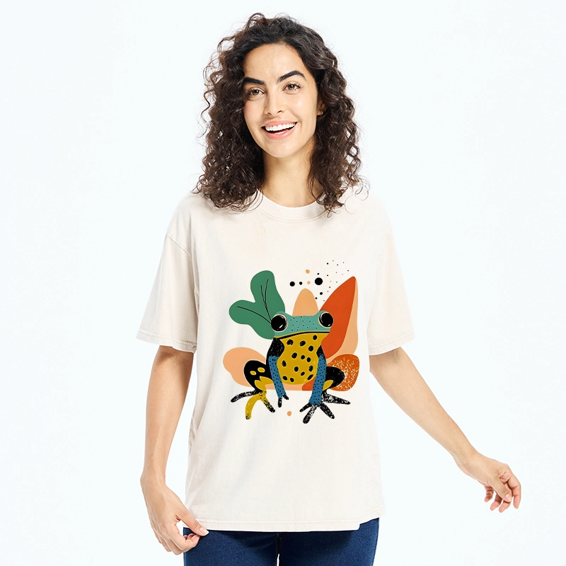 Tokyo-Tiger Vibrant Shapes Colorful Jungle Frog Tee Washed T-Shirt