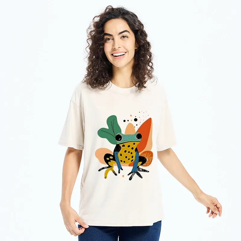Tokyo-Tiger Vibrant Shapes Colorful Jungle Frog Tee Washed T-Shirt