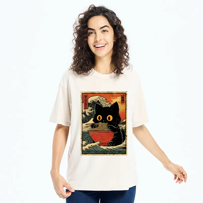 Tokyo-Tiger Cool Wave Art Cat Loves Ramen Bowl Washed T-Shirt