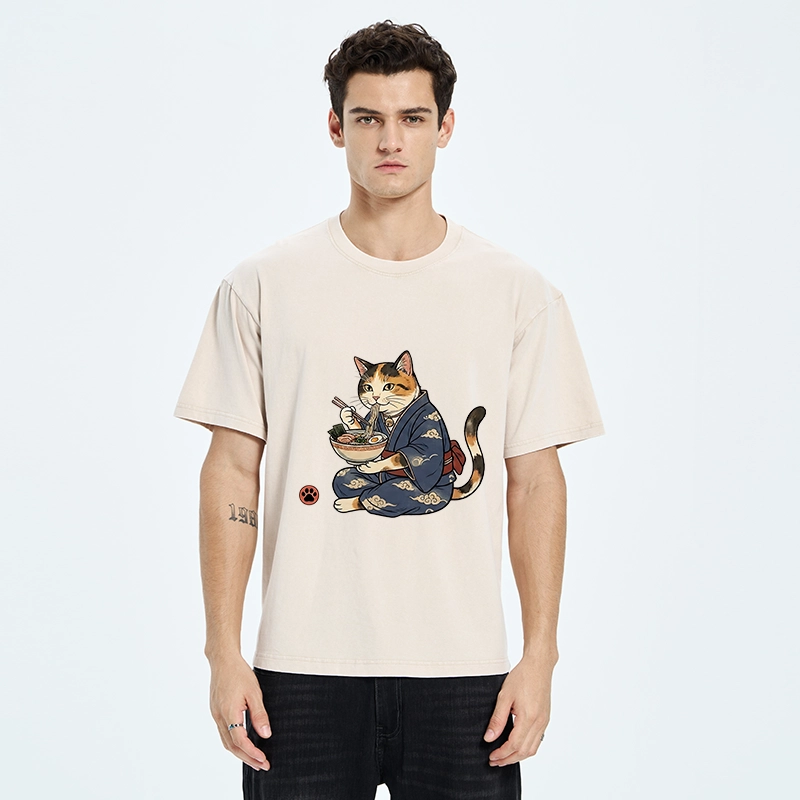 Tokyo-Tiger Traditional Japanese Cat Noodle Lover Washed T-Shirt