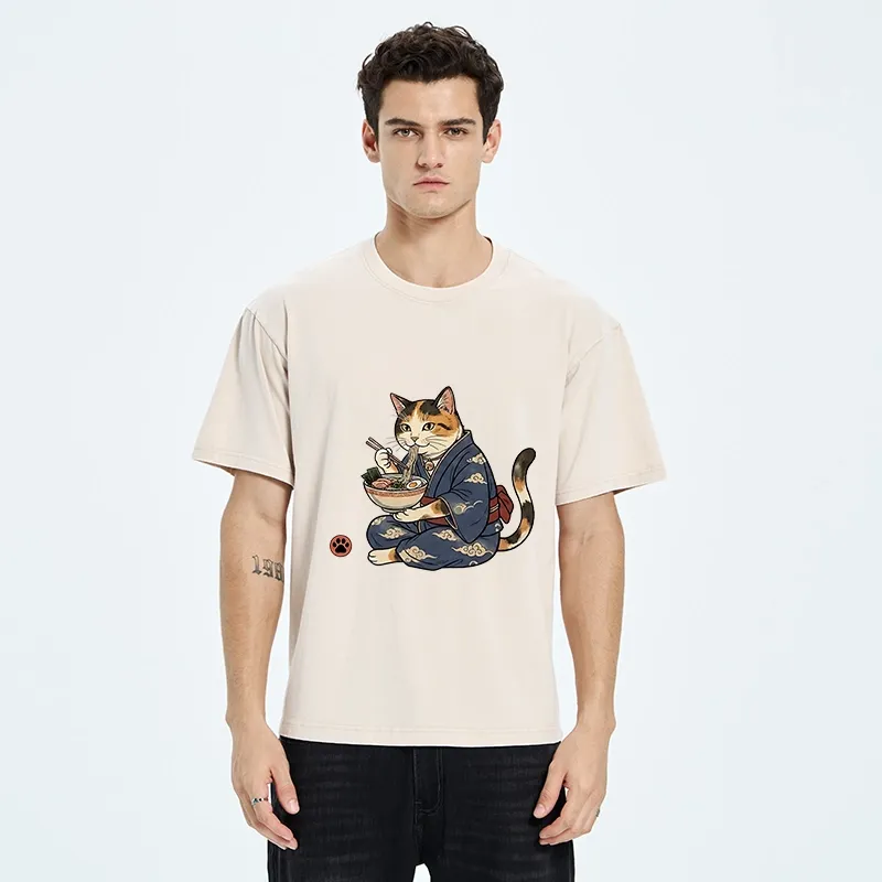 Tokyo-Tiger Traditional Japanese Cat Noodle Lover Washed T-Shirt
