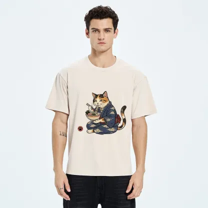 Tokyo-Tiger Traditional Japanese Cat Noodle Lover Washed T-Shirt