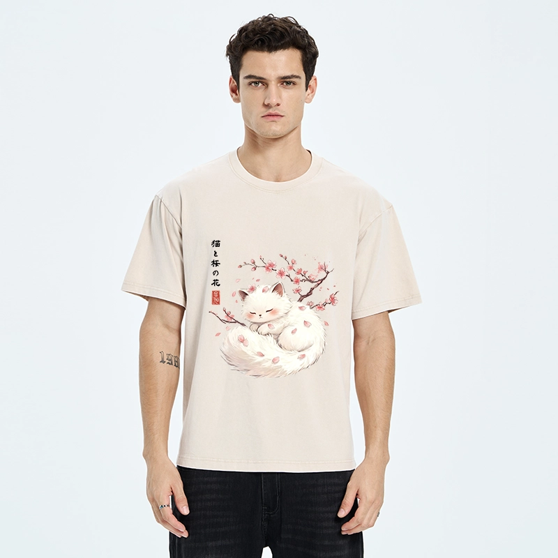 Tokyo-Tiger Soft Sakura White Cat Peaceful Sleep Washed T-Shirt