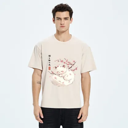 Tokyo-Tiger Soft Sakura White Cat Peaceful Sleep Washed T-Shirt