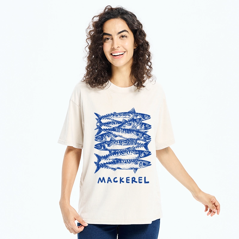 Tokyo-Tiger Retro Block Print Blue Mackerel School Washed T-Shirt