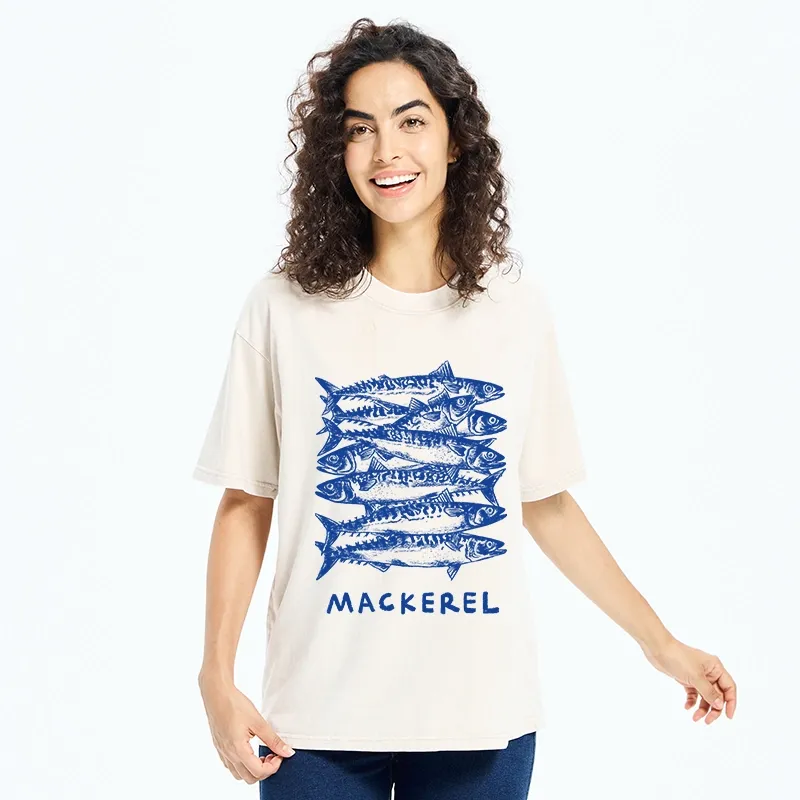 Tokyo-Tiger Retro Block Print Blue Mackerel School Washed T-Shirt