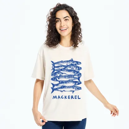 Tokyo-Tiger Retro Block Print Blue Mackerel School Washed T-Shirt