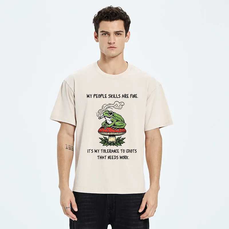 Tokyo-Tiger Relax Frog On Red Spotted Mushroom Washed T-Shirt
