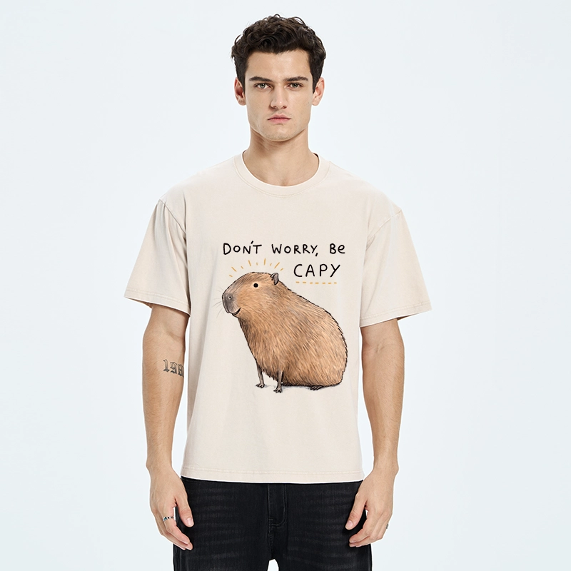 Tokyo-Tiger Calm Happy Capybara Relax Life Print Washed T-Shirt