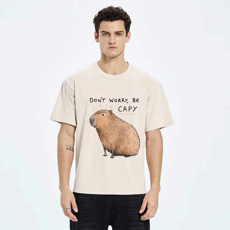 Tokyo-Tiger Calm Happy Capybara Relax Life Print Washed T-Shirt