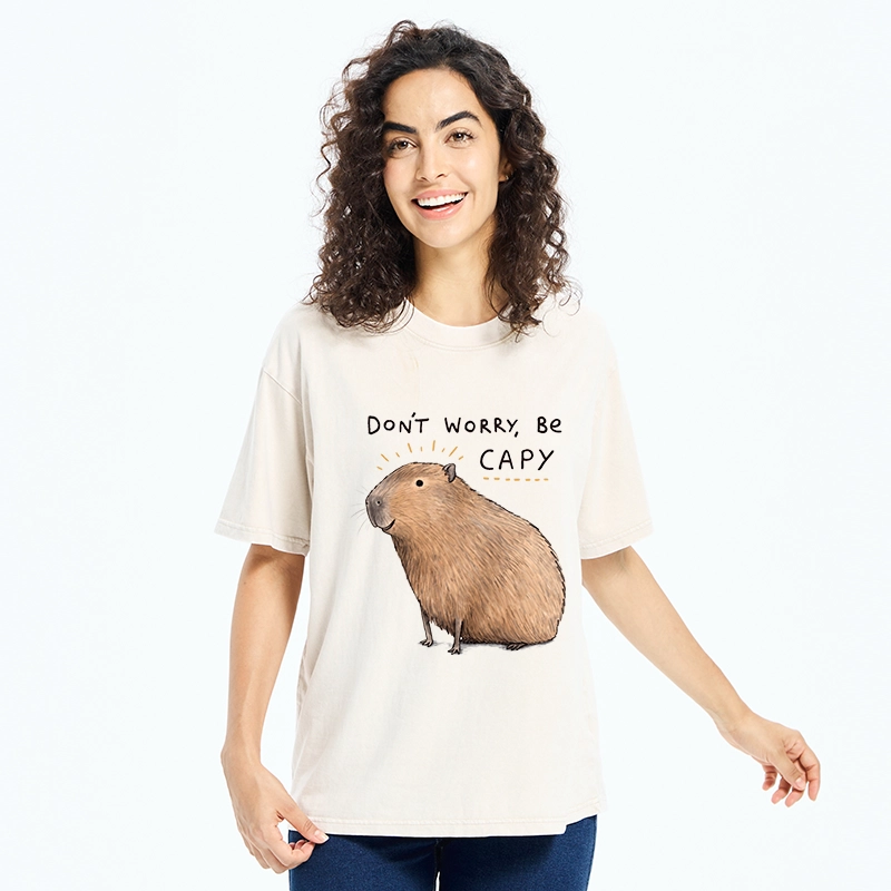 Tokyo-Tiger Calm Happy Capybara Relax Life Print Washed T-Shirt