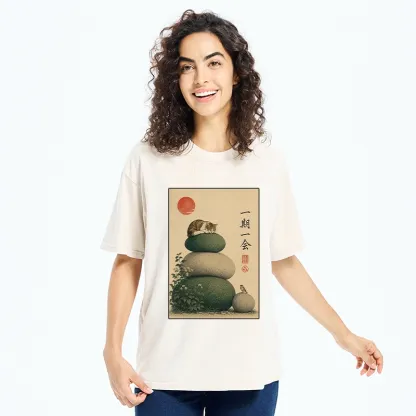 Tokyo-Tiger Peaceful Sleep Kitty Zen Garden Graphic Washed T-Shirt