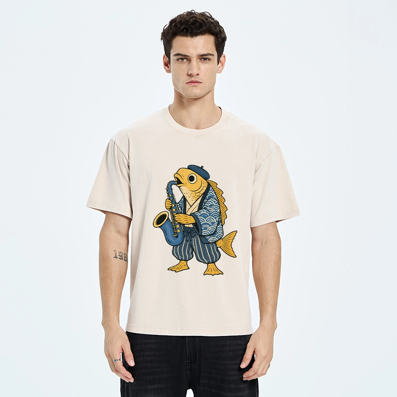 Tokyo-Tiger Jazz Sax Fish Vintage Japanese Ukiyo Art Washed T-Shirt