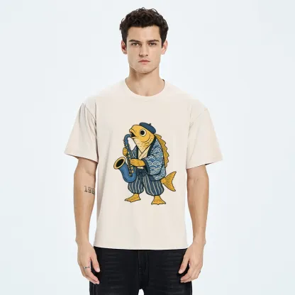 Tokyo-Tiger Jazz Sax Fish Vintage Japanese Ukiyo Art Washed T-Shirt