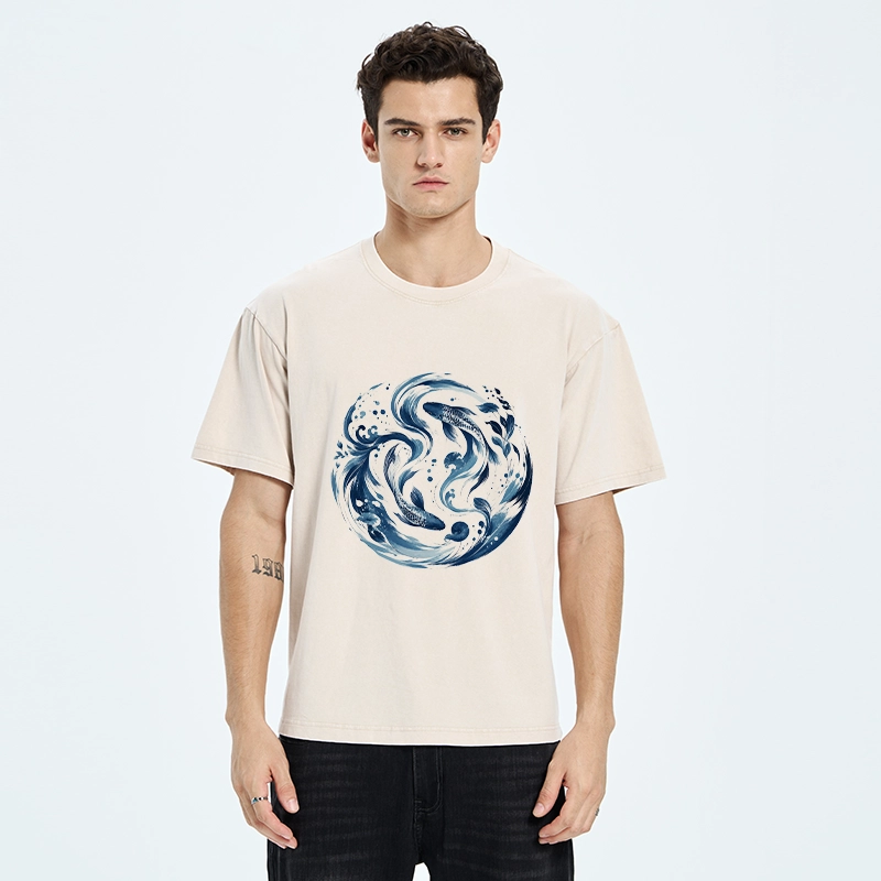 Tokyo-Tiger Monochrome Blue Yin Yang Fish Tee Washed T-Shirt