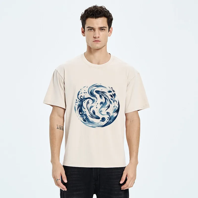 Tokyo-Tiger Monochrome Blue Yin Yang Fish Tee Washed T-Shirt