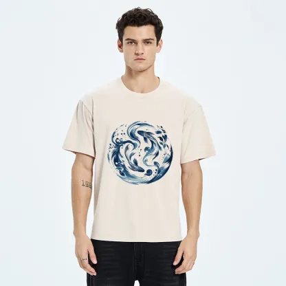Tokyo-Tiger Monochrome Blue Yin Yang Fish Tee Washed T-Shirt