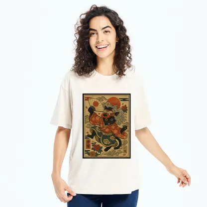 Tokyo-Tiger Kimono Cat Fan Peony Lucky Peace Print Washed T-Shirt