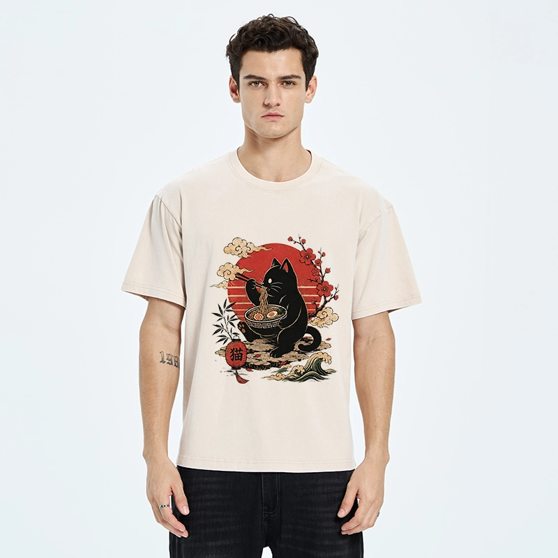 Tokyo-Tiger Black Cat Eating Ramen Cherry Blossom Art Washed T-Shirt