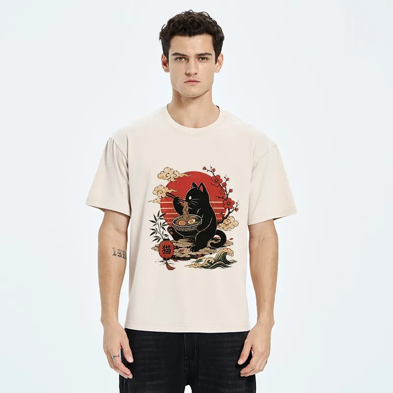 Tokyo-Tiger Black Cat Eating Ramen Cherry Blossom Art Washed T-Shirt
