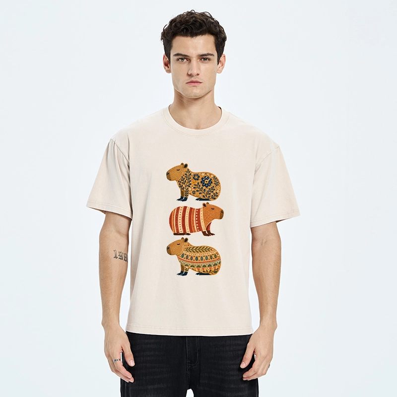 Tokyo-Tiger Folk Floral Striped Capybara Trio Print Washed T-Shirt