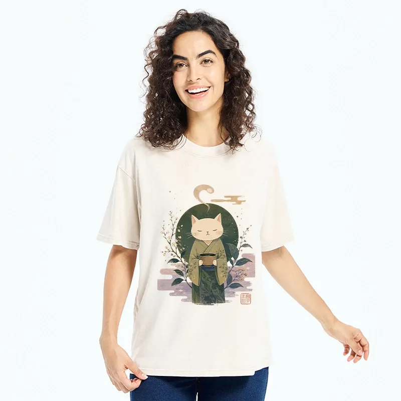 Tokyo-Tiger Soft Green Zen Cat Tea Blossom Stamp Art Washed T-Shirt