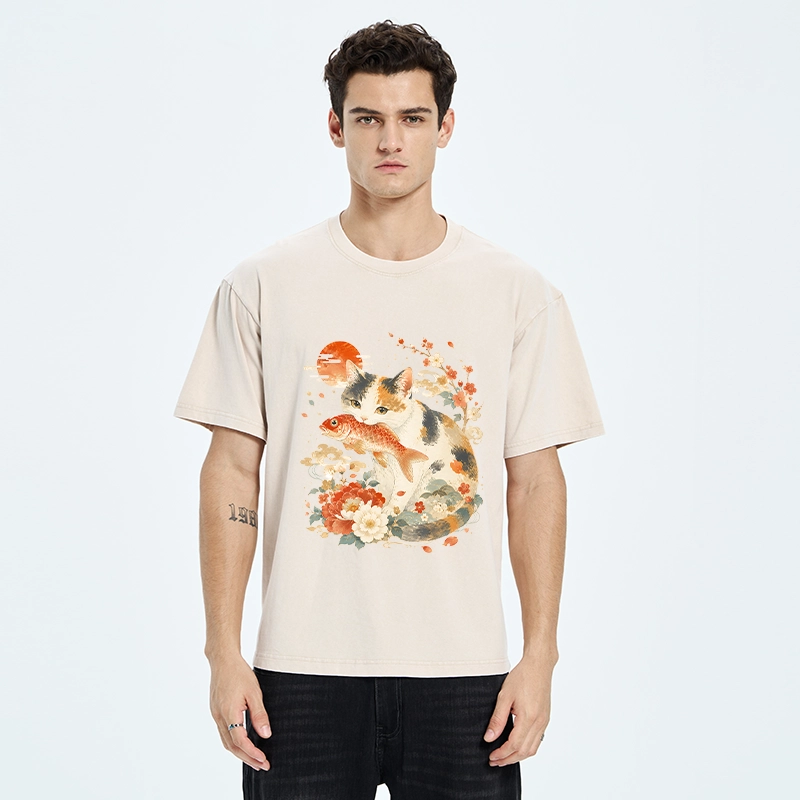 Tokyo-Tiger Traditional Japanese Cat Koi Bloom Art Washed T-Shirt