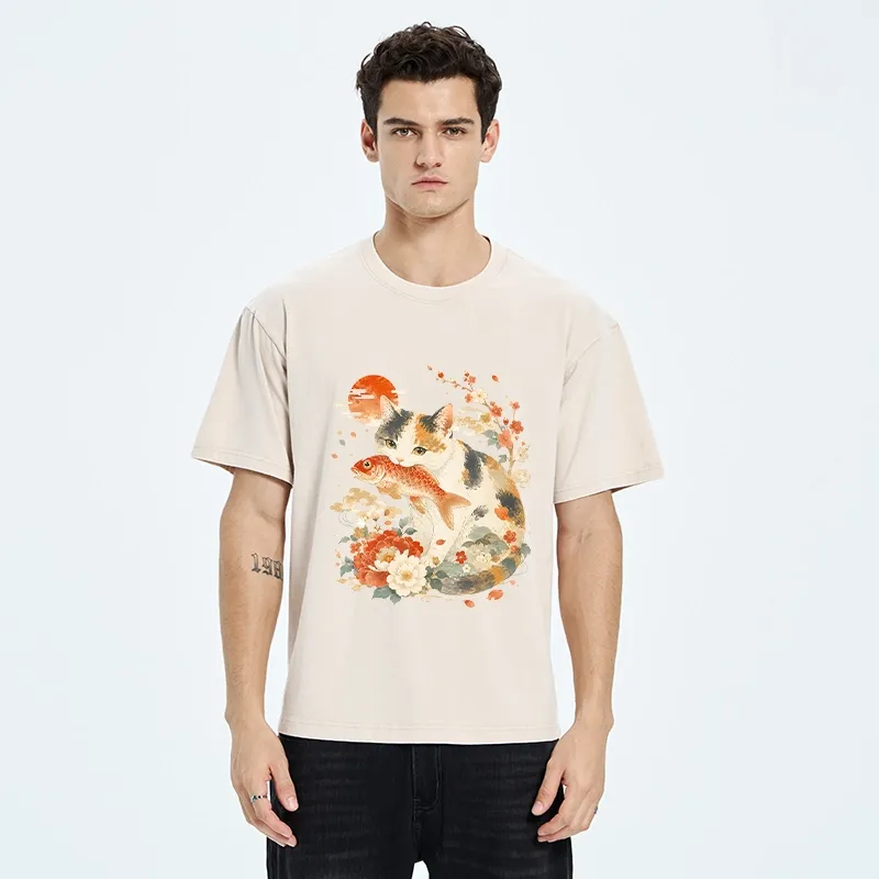 Tokyo-Tiger Traditional Japanese Cat Koi Bloom Art Washed T-Shirt