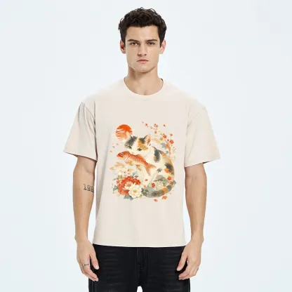 Tokyo-Tiger Traditional Japanese Cat Koi Bloom Art Washed T-Shirt