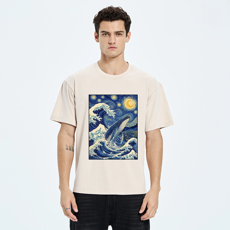 Tokyo-Tiger Starry Wave Whale Classic Art Mix Washed T-Shirt
