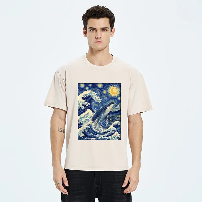 Tokyo-Tiger Starry Wave Whale Classic Art Mix Washed T-Shirt