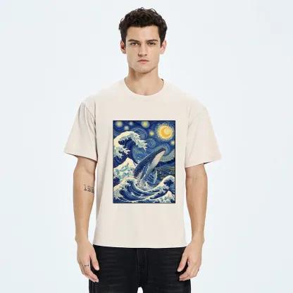 Tokyo-Tiger Starry Wave Whale Classic Art Mix Washed T-Shirt